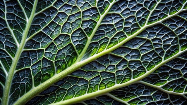 Close-up macro of black cabbage leaf with intricate veins and texture