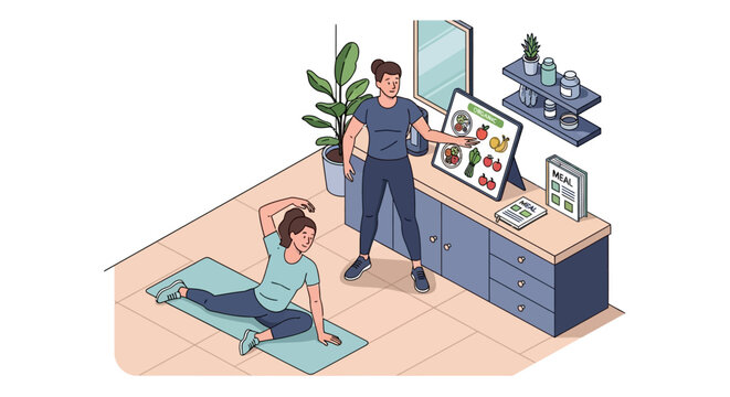 Woman exercising with online fitness instructor on screen.