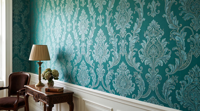 Teal Damask Patterned Wallpaper Interior.
