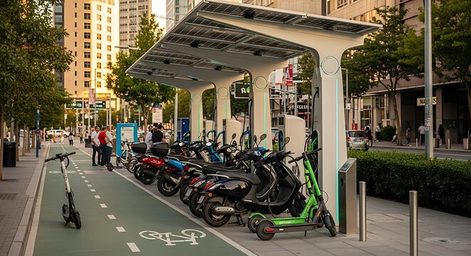 Modern Electric Scooter Charging Station in Urban Environment.