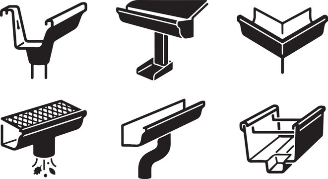 Six types of gutter and downspout drainage systems in black and white illustration Vector