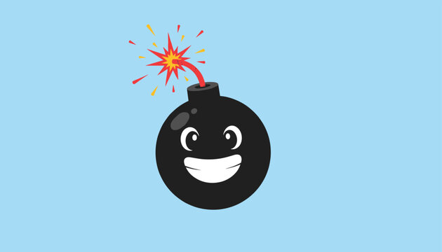 Cute cartoon black bomb character with a happy smiling face and a burning lit fuse against a light blue background.