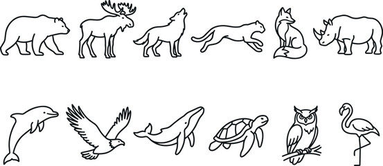 Wildlife Animal Outline Icon Set Featuring Bear Moose Wolf Cheetah Fox Rhino Dolphin Eagle Whale Turtle Owl and Flamingo Vector Collection © MstSuborna