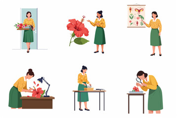Fototapeta premium Female botanist and biology teacher character set studying hibiscus flowers and reproductive anatomy in flat vector illustration style