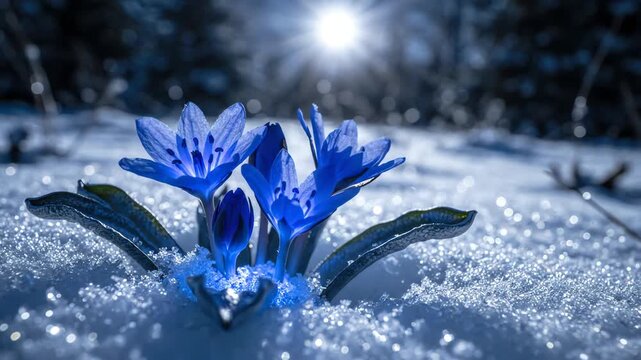 Cinematic close up of glowing blue flowers and delicate silver leaves blooming through snow in a moonlit meadow