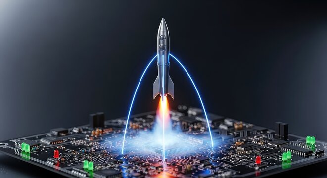 A miniature silver rocket takes flight from a dark electronic circuit board, leaving a trail of bright glowing light and vapor behind it, component, glowing, miniature