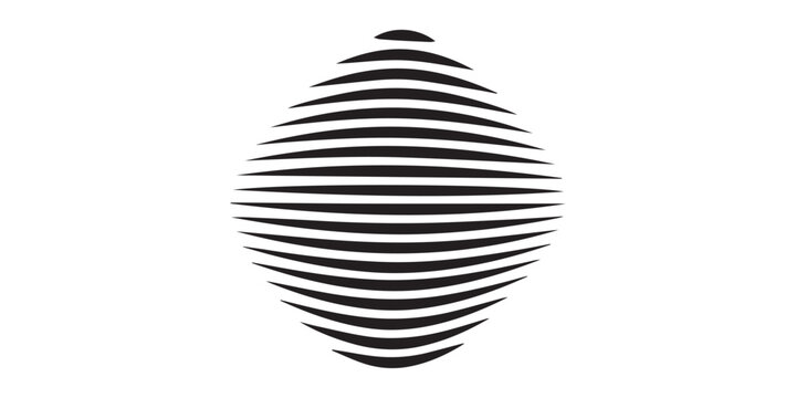 Abstract geometric shape with horizontal black lines forming a distorted sphere or oval pattern.