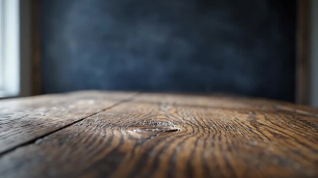 Cinematic slow camera movement over an empty wooden table surface with a dark blue minimalist chalkboard background