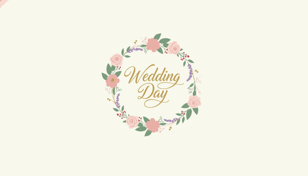 Elegant circular floral wreath of beautiful pink roses surrounding the gold script text wedding day on cream.