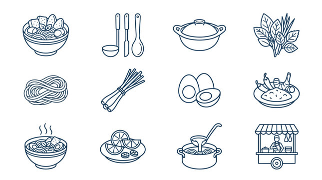 Indonesian bakso meatball and noodle cart line icons.
