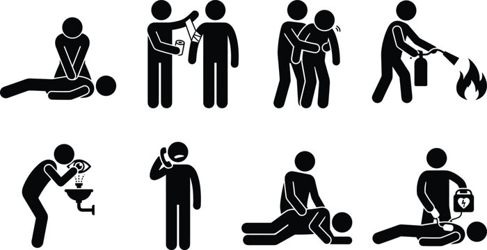 Emergency first aid and safety procedure icons featuring CPR bandaging AED use and fire extinguisher