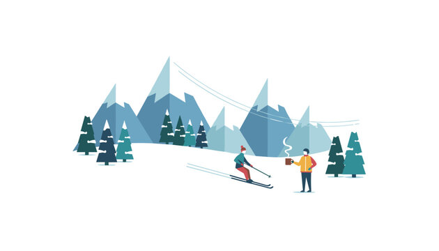 Winter mountain resort with skiers on the snow covered slope and evergreen pine trees under a clear white sky.