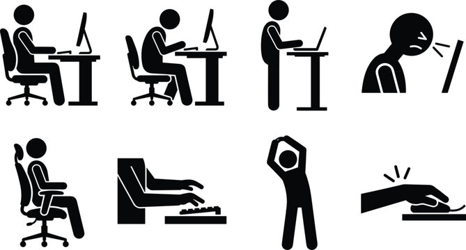 Ergonomics and correct office sitting posture icons set featuring stretching exercises carpal tunnel and computer desk work