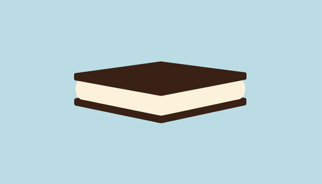 Delicious ice cream sandwich dessert with chocolate cookies and vanilla filling on a light blue background, vector.