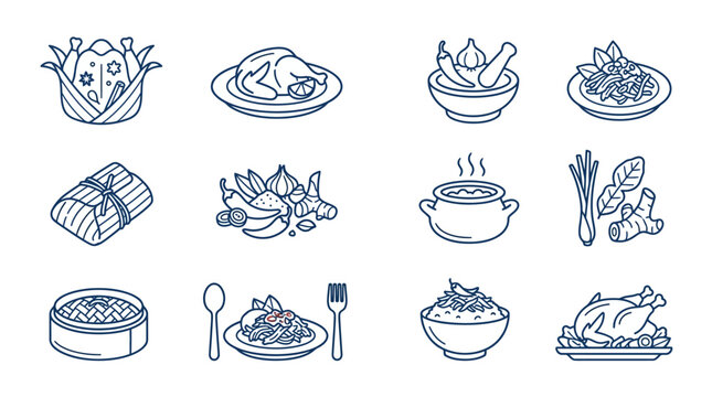 Diverse Indonesian dish and meal ingredient icons.