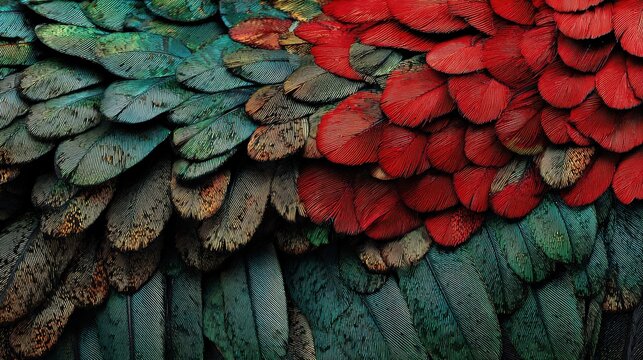 Close-up image of vibrant bird feathers in red, green, and black hues with detailed textures and intricate patterns.