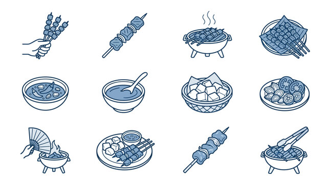 Hand drawn blue line satay and grill icons