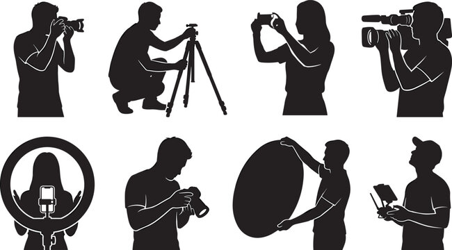 Photographer and videographer silhouettes set featuring camera operators drone pilots and content creators recording media production