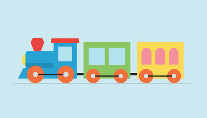 Naklejka premium Colorful toy train illustration featuring a blue locomotive, green passenger car, and yellow caboose on a soft blue background.