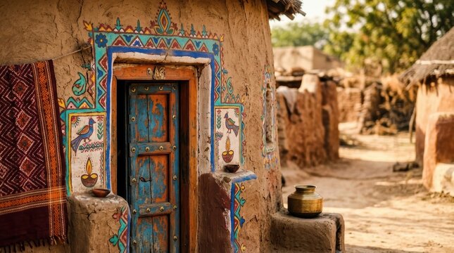 Traditional blue wooden door with colorful tribal art on mud house wall in offbeat india destinations village scene