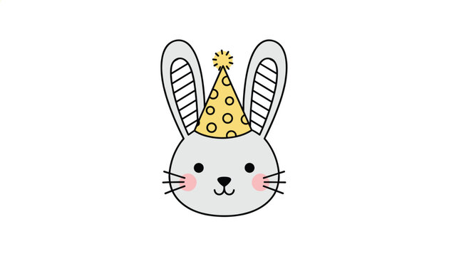 Cute grey rabbit face wearing a yellow polka-dotted party hat with a fluffy pom-pom, shown isolated on a white background.