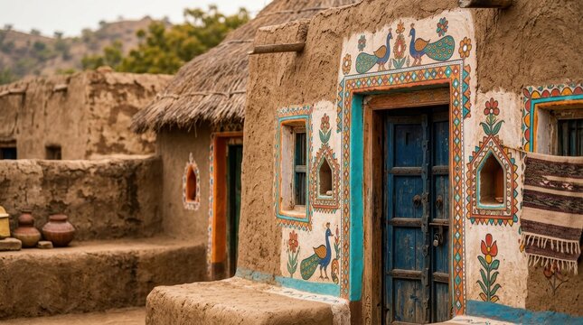 Traditional mud house with colorful peacock art and blue door in offbeat India destinations village showing cultural charm and rustic beauty