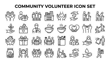 A collection of line art icons representing community volunteering, charity, and mutual support. © MSTSUFIA