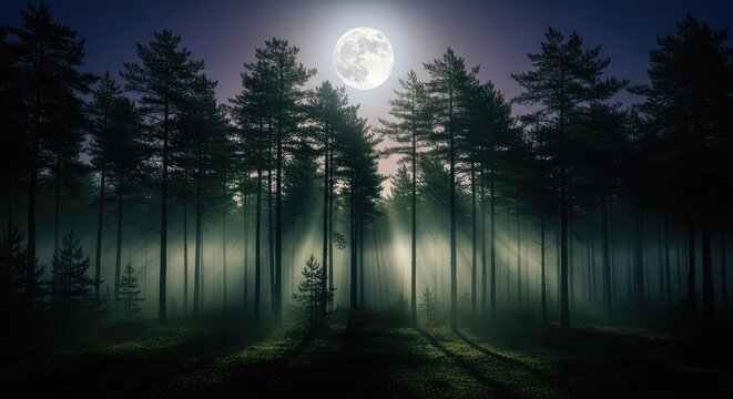 A glowing full moon illuminates a misty woodland scene with towering pine trees casting long shadows across the dark forest floor at night, branches, silent, majestic