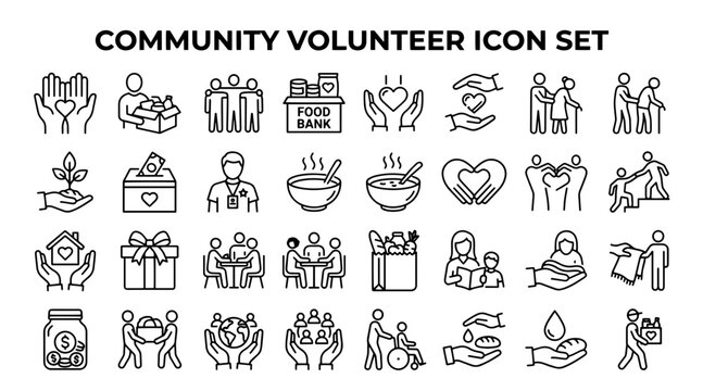 A collection of line art icons representing community volunteering, charity, and mutual support.