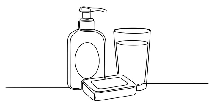Continuous line drawing of soap bottle, bar soap, and water glass for bathroom hygiene concept