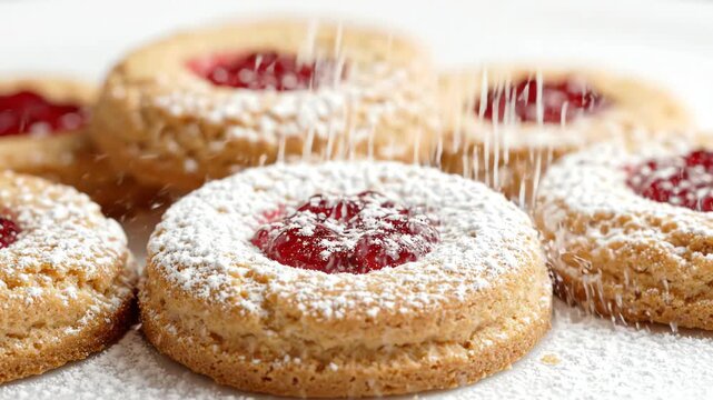 Macro slow motion of powdered sugar gently falling onto fresh homemade sable biscuit cookies with red jam centers on a clean white background