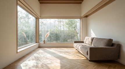 Fototapeta premium wide sunlit Japanese minimalist living room with L-shape sofa, bamboo window view and large copy space