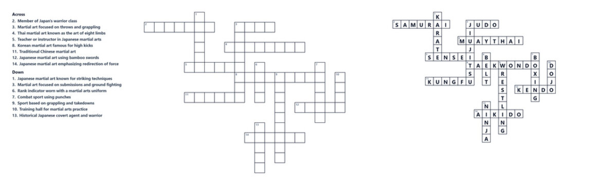 Martial Arts Crossword Educational Worksheet