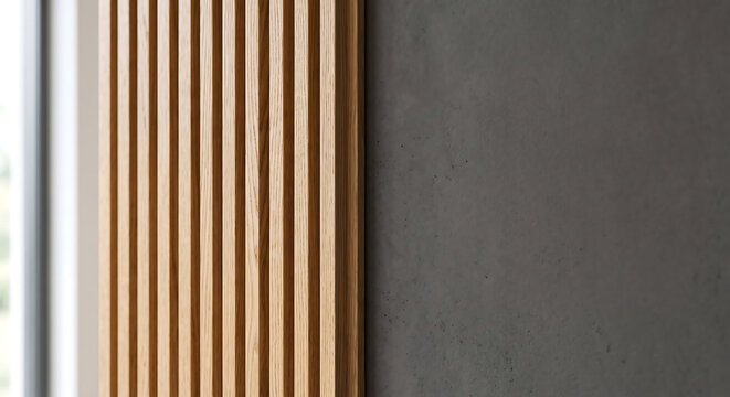 Modern wood slat wall paneling, oak timber battens on dark grey concrete wall, contemporary interior design architectural detail