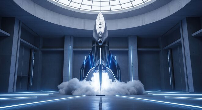 A sleek futuristic rocket ignites its engines within a high-tech hangar, surrounded by glowing blue lights and thick billowing smoke, hangar, light, fire