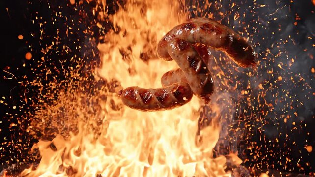 Slow motion shot of juicy grilled sausages flying through a dramatic fire explosion with sparks and orange flames