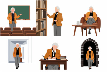 Fototapeta premium Senior female professor character set in academic scenes, teaching in classroom, reading in library, and writing at desk, flat vector illustration