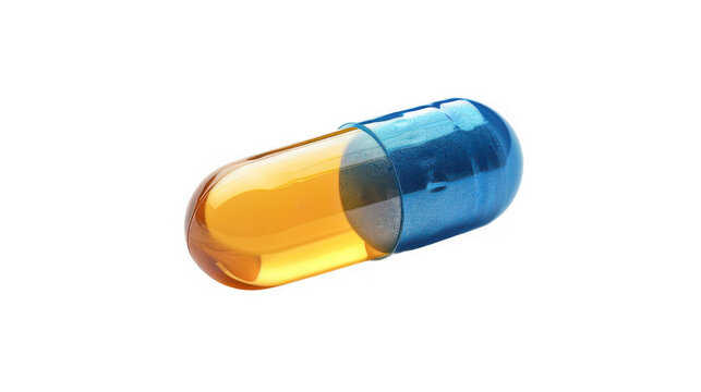 Medical capsule featuring a transparent yellow liquid inside a blue shell sits against a white background.