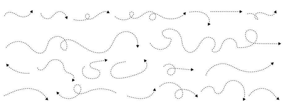 Set of curved dotted line arrow set. Squiggly dotted arrow, curved lines, hand drawn direction pointers, navigation flow elements, Creative dashed line vector arrows. Set of hand drawn curved arrow. 