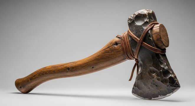 A studio photograph of a weathered ancient axe with a rustic wooden handle and stone head, showcasing antique craftsmanship and history, archaeological, vintage, traditional