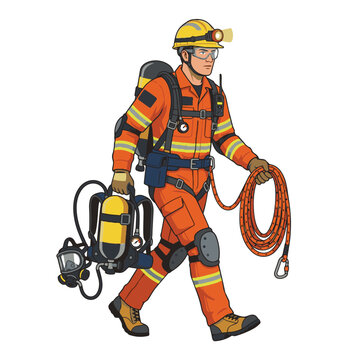 Professional Mine Rescue Worker Carrying Breathing Apparatus and Safety Rope Equipment for Emergency Operations