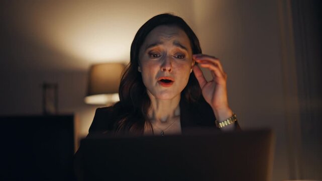 Frustrated freelancer worried project mistake looking laptop lamp light closeup