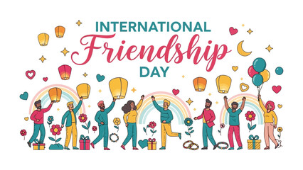 Fototapeta premium Celebration of International Friendship Day: A vibrant illustration depicts diverse people celebrating International Friendship Day with lanterns, balloons, and colorful decorations.