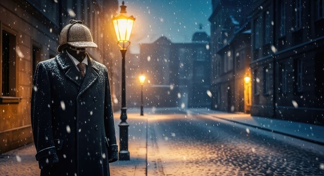 A vintage long coat and iconic deerstalker hat are visible through falling snow in a quiet, lamplit historical style street at night, coat, fog, snow