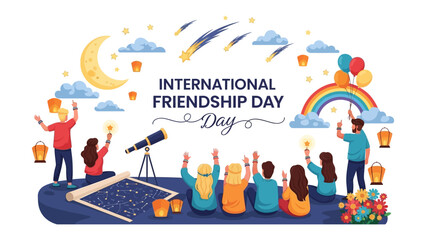 Celebrating International Friendship Day: Friends gaze at the night sky filled with shooting stars, a rainbow, and lanterns, symbolizing the magic and wonder of friendship and shared dreams. © Abu