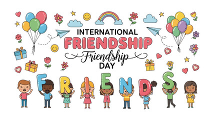Fototapeta premium International Friendship Day Celebration: A vibrant illustration celebrating International Friendship Day, featuring diverse children holding letters that spell FRIENDS.