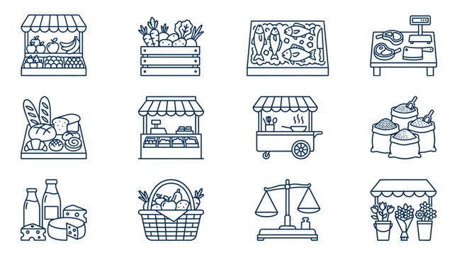 Marketplace stalls and food stand line icon set.