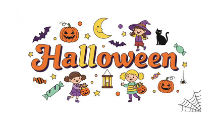 Fototapeta premium Halloween Celebration Graphics: A whimsical illustration depicting a festive Halloween scene filled with spooky elements like pumpkins, bats, ghosts, a black cat, trick-or-treaters.