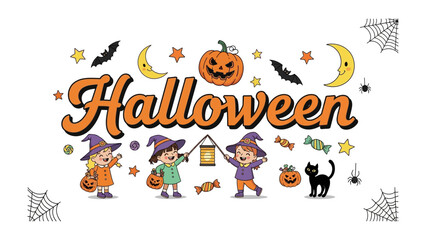 Fototapeta premium Halloween Party Banner: A festive banner featuring cartoon children in witch costumes, pumpkins, bats, and spiderwebs, celebrating the spooky holiday of Halloween.