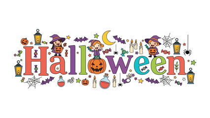 Fototapeta premium Halloween Word Art: A festive and colorful word art celebrating Halloween, featuring playful characters, pumpkins, witches, bats, and spooky elements.